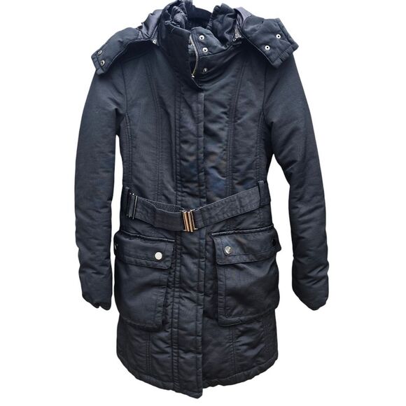 Zara Basic Black Snap Button Pockets Full Zip Belted Lined Hooded Jacket Size M - Picture 1 of 12